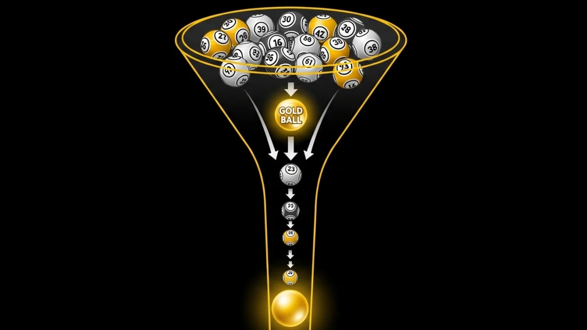 Lotto 649 winner odds — Gold Ball elimination draw infographic showing 30 balls narrowing to 1